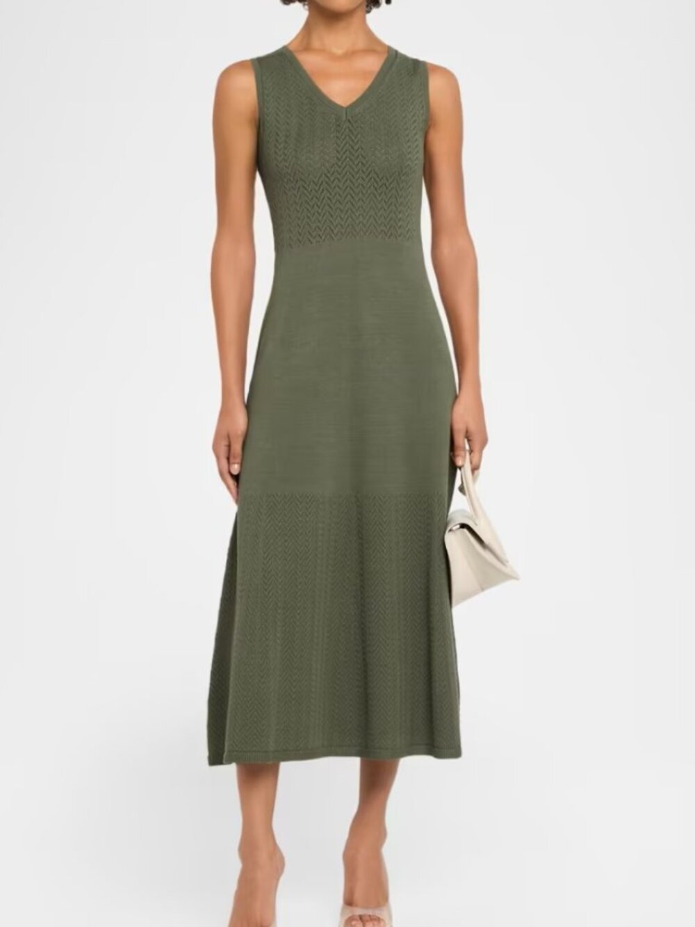 Elie Tahari The Elena Pointelle-Knit Midi Sweater Dress in dark sage size M new